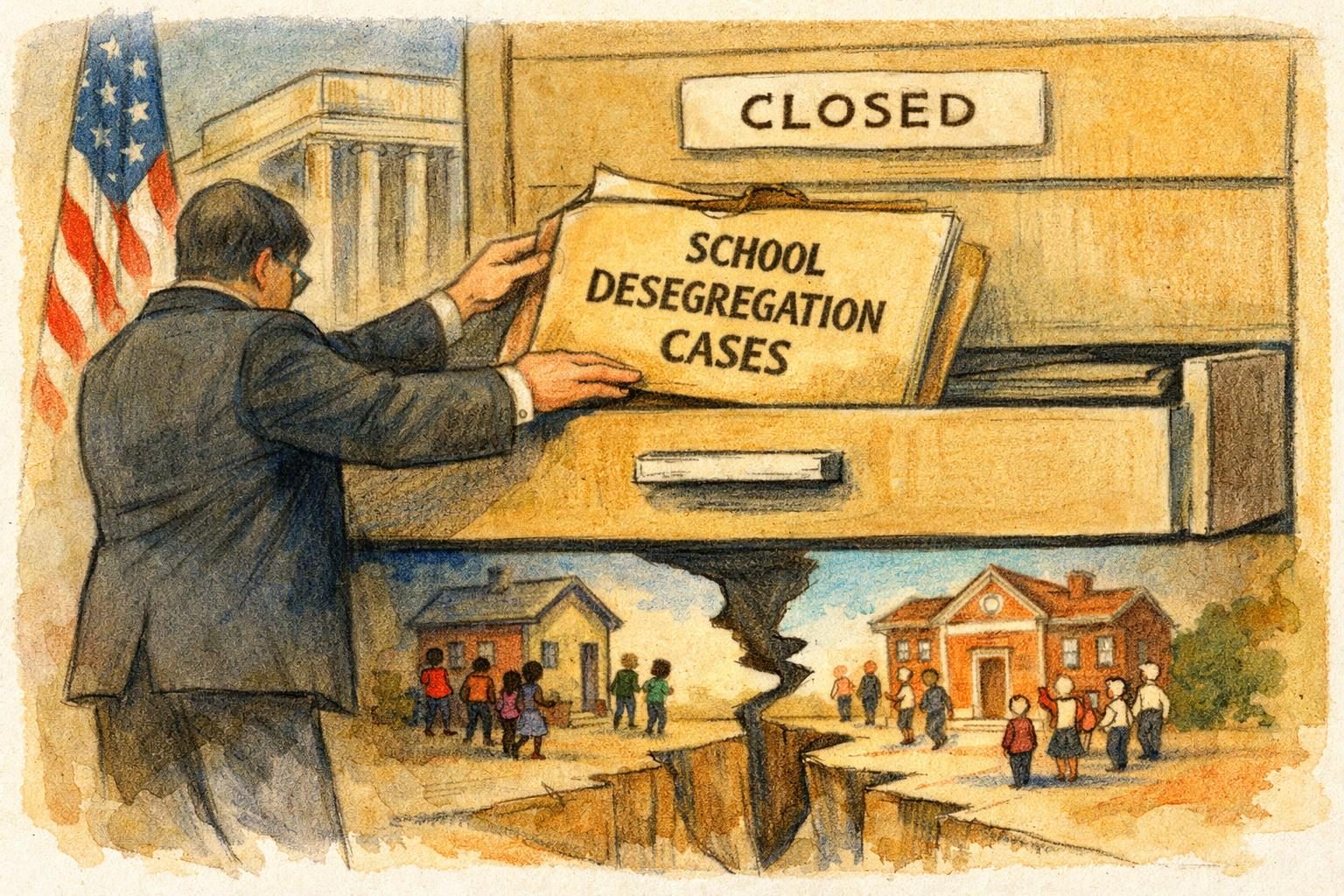 Justice Department closes more than 50 old desegregation cases, reviving fresh questions about what “finished” really means